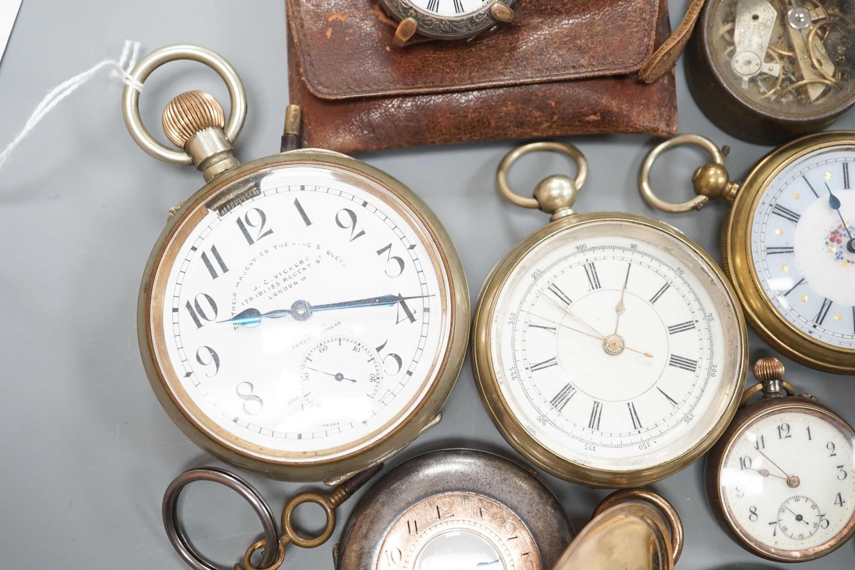 A small collection of assorted base metal and gold plated pocket watches including Hebdomas and Waltham and a small quantity of watch parts.